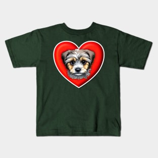 A Scruffy Havanese Headshot Illustration on a Heart Background Kids T-Shirt